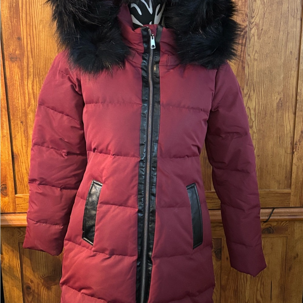 NWOT CLEO Women's Burgundy Puffer Jacket with Faux Fur Hood